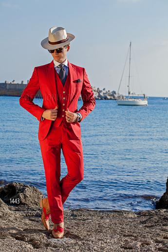 ONGala 1443 - Traje de novio rojo de algodón con chaleco a juego