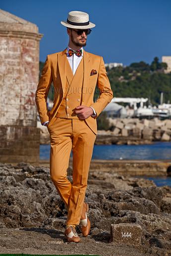 ONGala 1444 - Traje de novio hipster naranja de algodón con chaleco cruzado