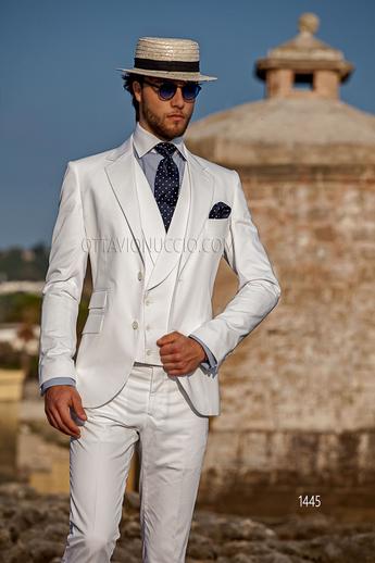 ONGala 1445 - Traje de novio blanco de algodón con chaleco cruzado