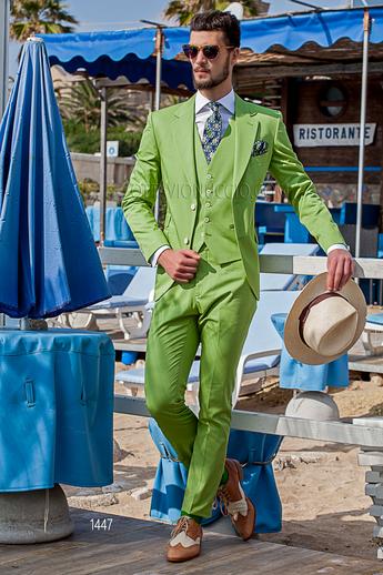 ONGala 1447 - Traje de novio verde claro de algodón con chaleco al tono