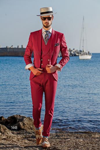ONGala 1448 - Traje de novio hipster fucsia en piqué de algodón con chaleco