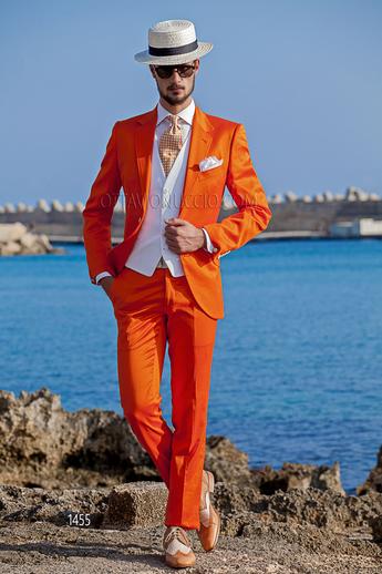 ONGala 1455 - Traje de novio hipster naranja en raso de algodón con chaleco blanco