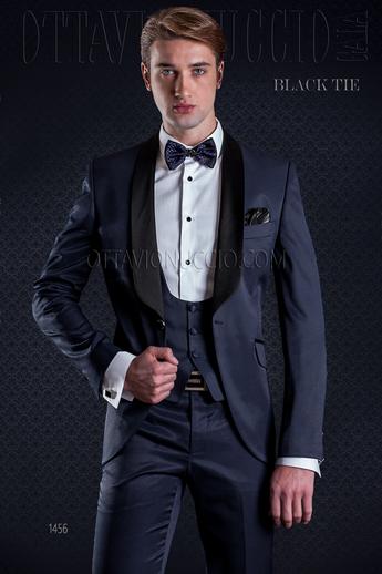 ONGala 1456 - Traje de novio esmoquin azul solapa chal con chaleco al tono