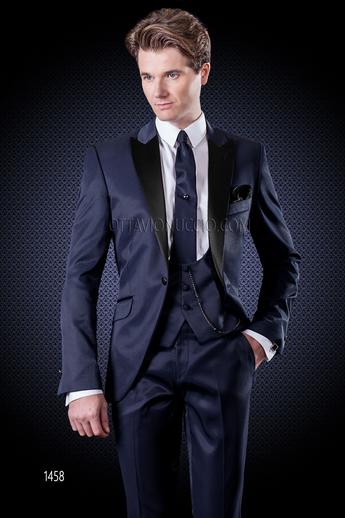 ONGala 1458 - Traje italiano de novio azul con chaleco al tono
