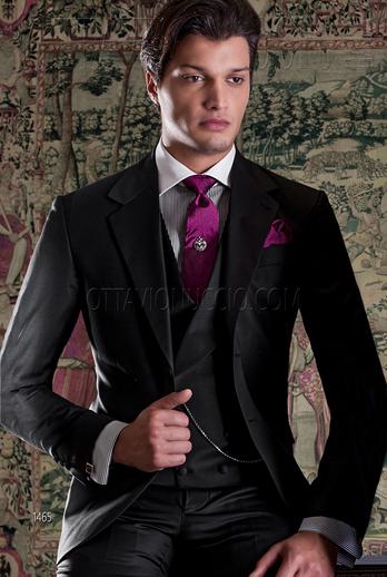 ONGala 1465 - Traje de novio negro con chaleco solapa chal cruzado al tono