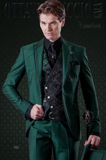 ONGala 1466 - Traje de novio verde vivos a contraste con chaleco jacquard