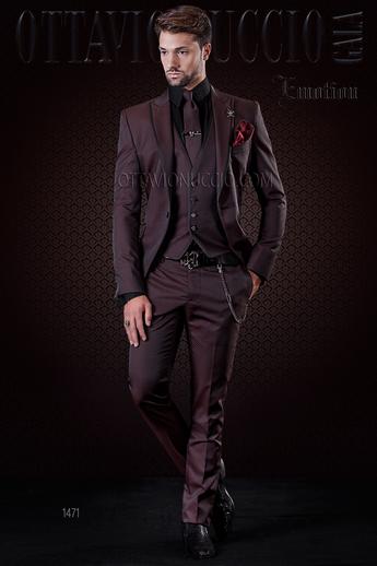 ONGala 1471 - Traje moda hombre bordeaux microdiseño con vivos negros