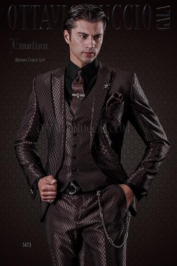 ONGala 1473 - Traje moda hombre marrón microdiseño con vivos negros