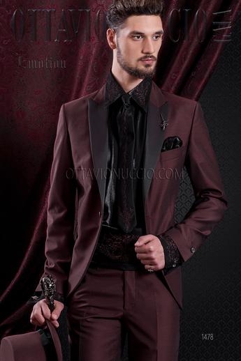 ONGala 1478 - Traje moda hombre bordeaux mixto lana solapa negra de raso