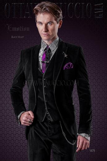 ONGala 1479 - Traje de novio y chaleco negro de terciopelo con vivos