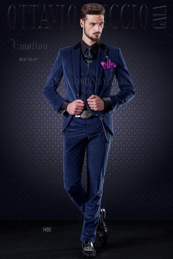 ONGala 1480 - Traje de novio y chaleco azul de terciopelo con perfiles