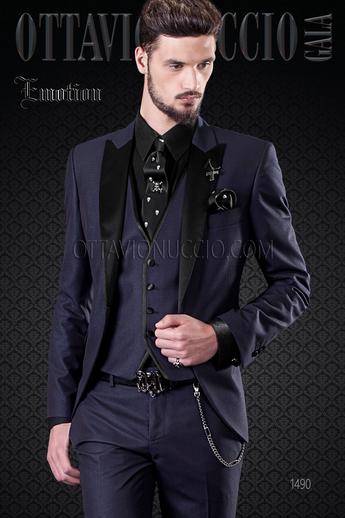 ONGala 1490 - Traje de novio azul solapa raso con chaleco al tono