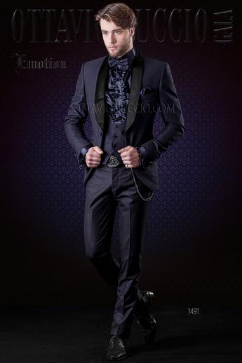 ONGala 1491 - Traje de novio azul solapa chal con chaleco negro