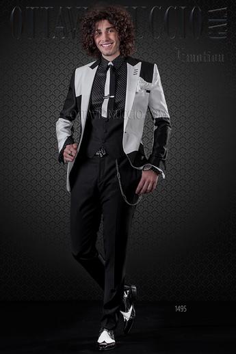 ONGala 1495 - Traje de novio chaqueta patchwork blanco y negro con pantalón negro