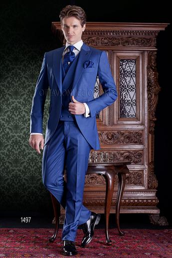 ONGala 1497 - Traje italiano de novio azul eléctrico con chaleco cruzado