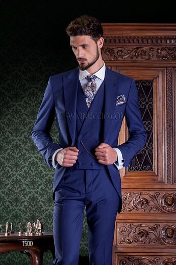ONGala 1500 - Traje para novios modernos azul con chaleco cruzado a juego