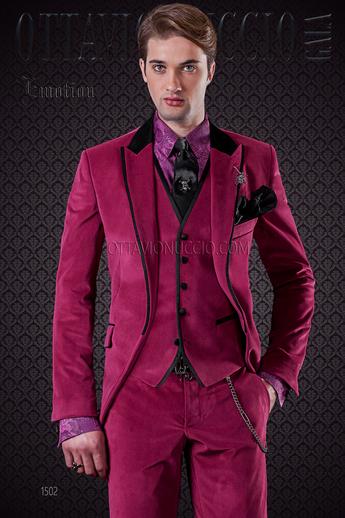 ONGala 1502 - Traje moda hombre terciopelo fucsia con chaleco al tono