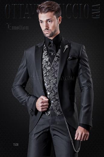 ONGala 1508 - Traje de novio gris oscuro y chaleco damascado