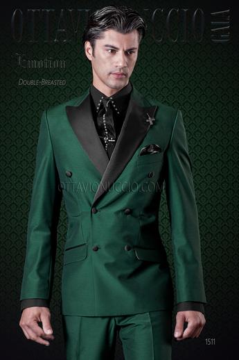 ONGala 1511 - Traje cruzado verde solapa negra mixto lana