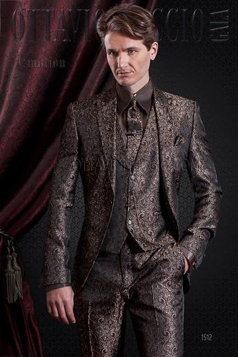 ONGala 1512 - Traje de novio marròn jacquard con chaleco a juego