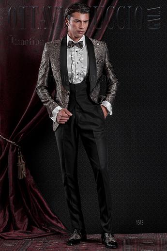 ONGala 1513 - Traje de novio chaqueta damascada oro solapa chal y pantalón negro