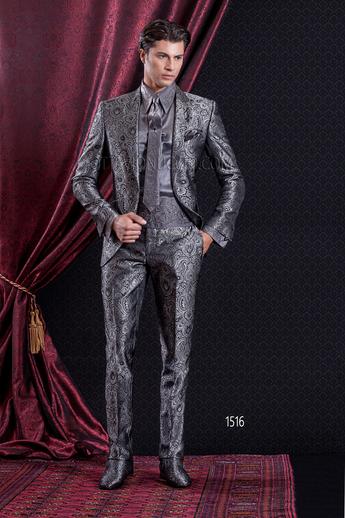 ONGala 1516 - Traje de novio gótico chaqueta slim damascada gris oscuro