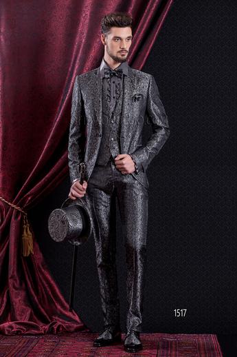 ONGala 1517 - Traje de novio gótico con chaleco y chaqueta paisley gris oscuro