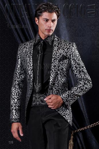 ONGala 1518 - Traje de novio chaqueta brocada negra y plata con pantalón negro
