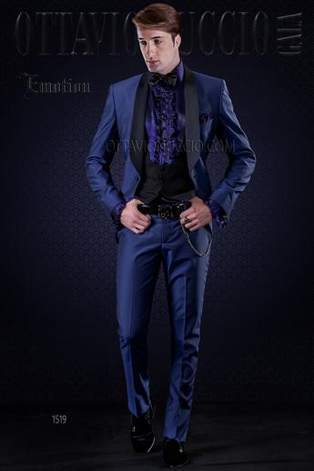 ONGala 1519 - Traje de novio azul eléctrico solapas chal de raso