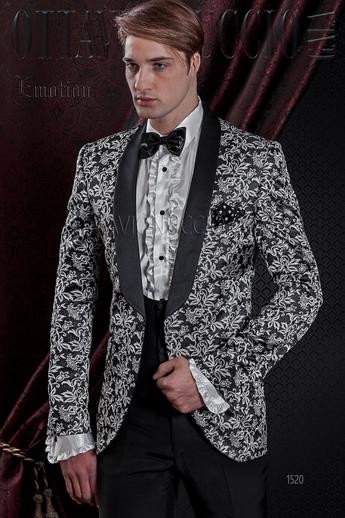 ONGala 1520 - Traje de novio chaqueta negra y plata solapa chal con pantalón negro