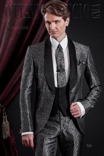 ONGala 1524 - Traje de novio gris oscuro damascado con chaleco