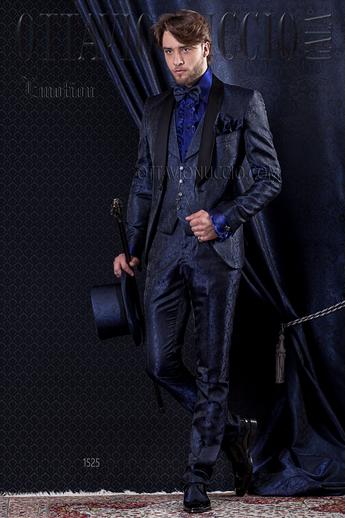 ONGala 1525 - Traje de novio slim damascado azul con chaleco