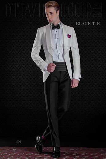 ONGala 1529 - Esmoquin blanco con pantalón negro mixto lana