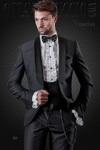 ONGala 1531 - Esmoquin solapa chal negro mixto lana con chaleco negro