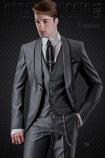 ONGala 1533 - Traje de novio solapa chal con chaleco gris con vivos negro