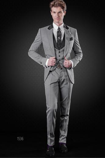 ONGala 1536 - Traje de novio gris microdiseño con chaleco solapa chal