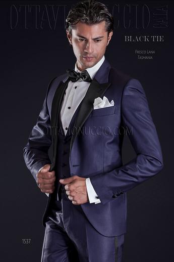 ONGala 1537 - Traje de novio azul con solapa negra y chaleco solapa chal