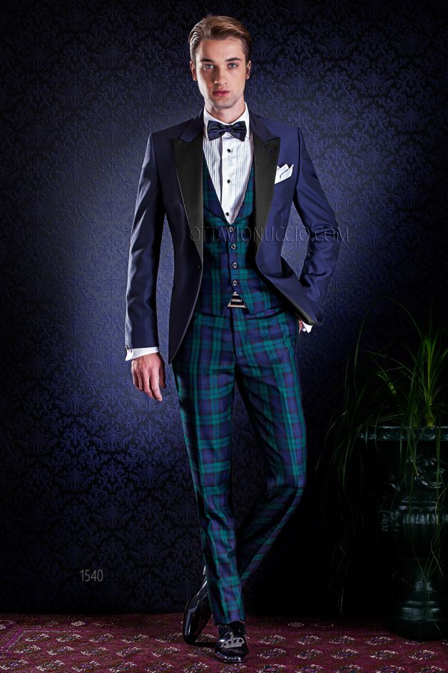 ONGala 1540 - Tuxedo estilo italiano azul noche con chaleco y pantalón tartán