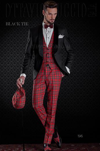 ONGala 1545 - Esmoquin negro de lana con chaleco y pantalón tartán