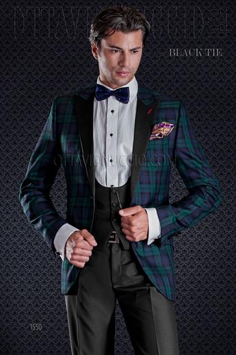 ONGala 1550 - Esmoquin tartán verde y azul con pantalón negro
