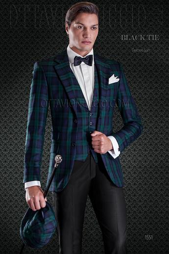 ONGala 1551 - Traje de novio chaqueta y chaleco tartan verde con pantalón negro