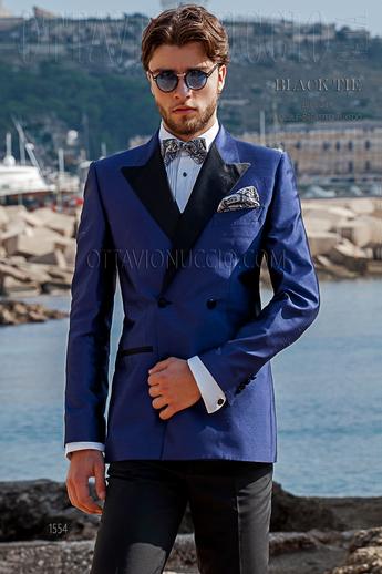 ONGala 1554 - Traje cruzado azul eléctrico en shantung de seda