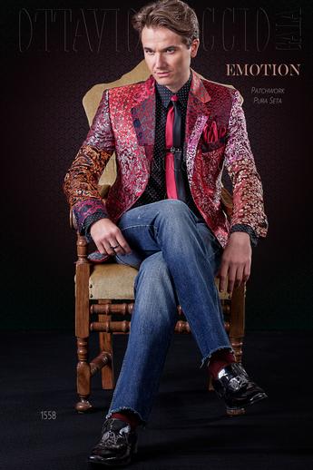ONGala 1558 - Blazer hombre patchwork en pura seda en tonos rojos