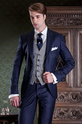 ONGala 1561 - Traje de novio moderno azul marino y chaleco príncipe de gales
