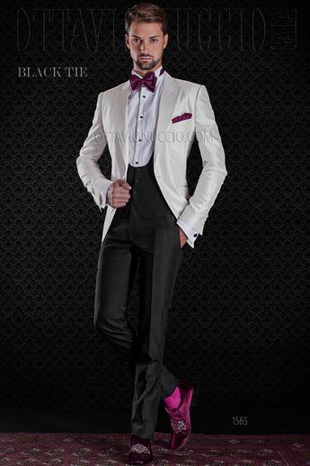 ONGala 1565 - Esmoquin blanco de shantung de seda con pantalón negro