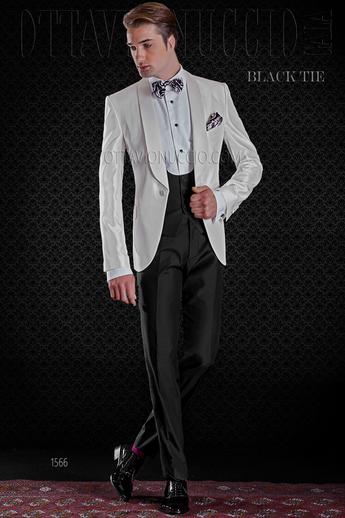 ONGala 1566 - Dinner Jacket blanco shantung seda con pantalón negro