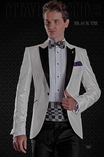 ONGala 1567 - Esmoquin blanco seda shantung con pantalón negro