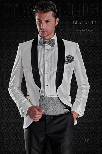 ONGala 1568 - Traje de novio chaqueta esmoquin shantung seda blano con pantalón negro