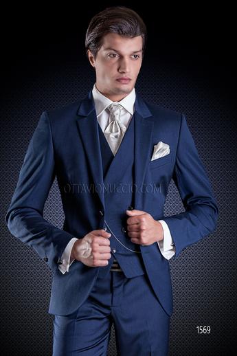 ONGala 1569 - Traje italiano de novio azul royal con chaleco cruzado