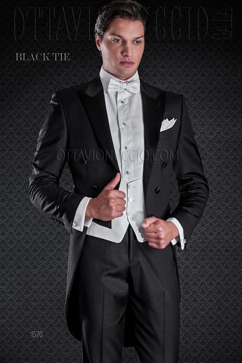 ONGala 1570 - Traje de novio frac negro pura lana con chaleco blanco roto